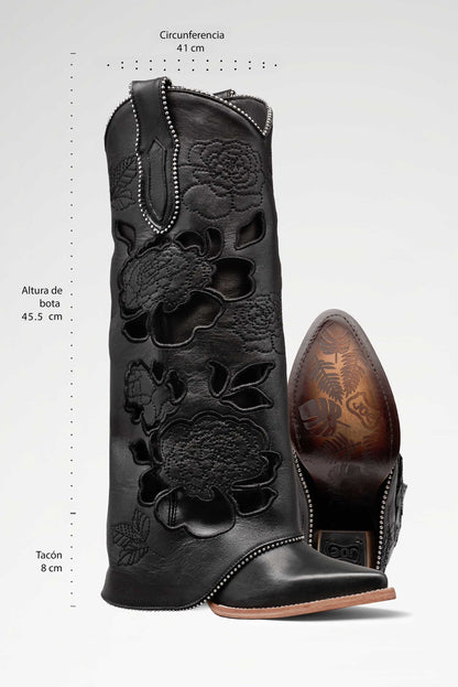 BOTA DE PIEL ROMA DE ROSAS PELIBUEY COLOR NEGRO