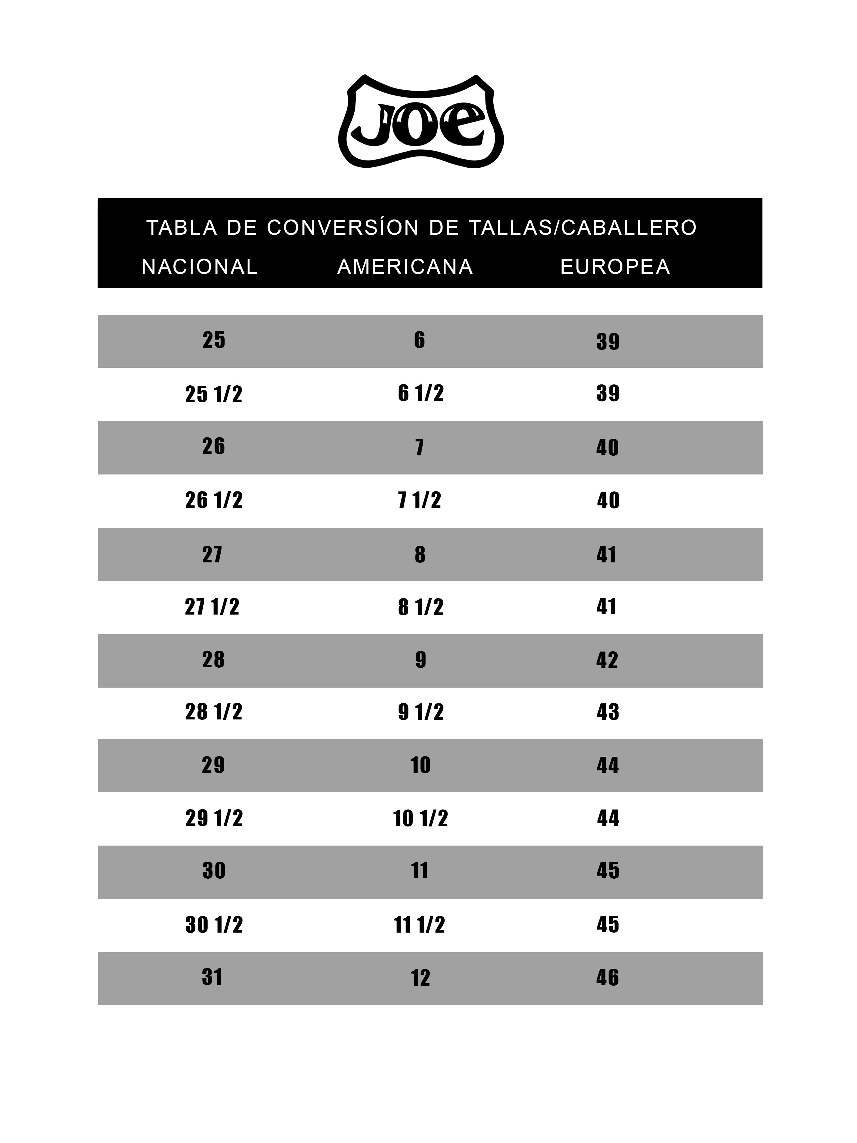 Guía de tallas Botas JOE